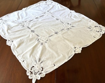 White Square Tablecloth, Battenburg Embroidered Table Topper, Vintage Lace Battenburg Centerpiece Table Linen, Cottage Farmhouse