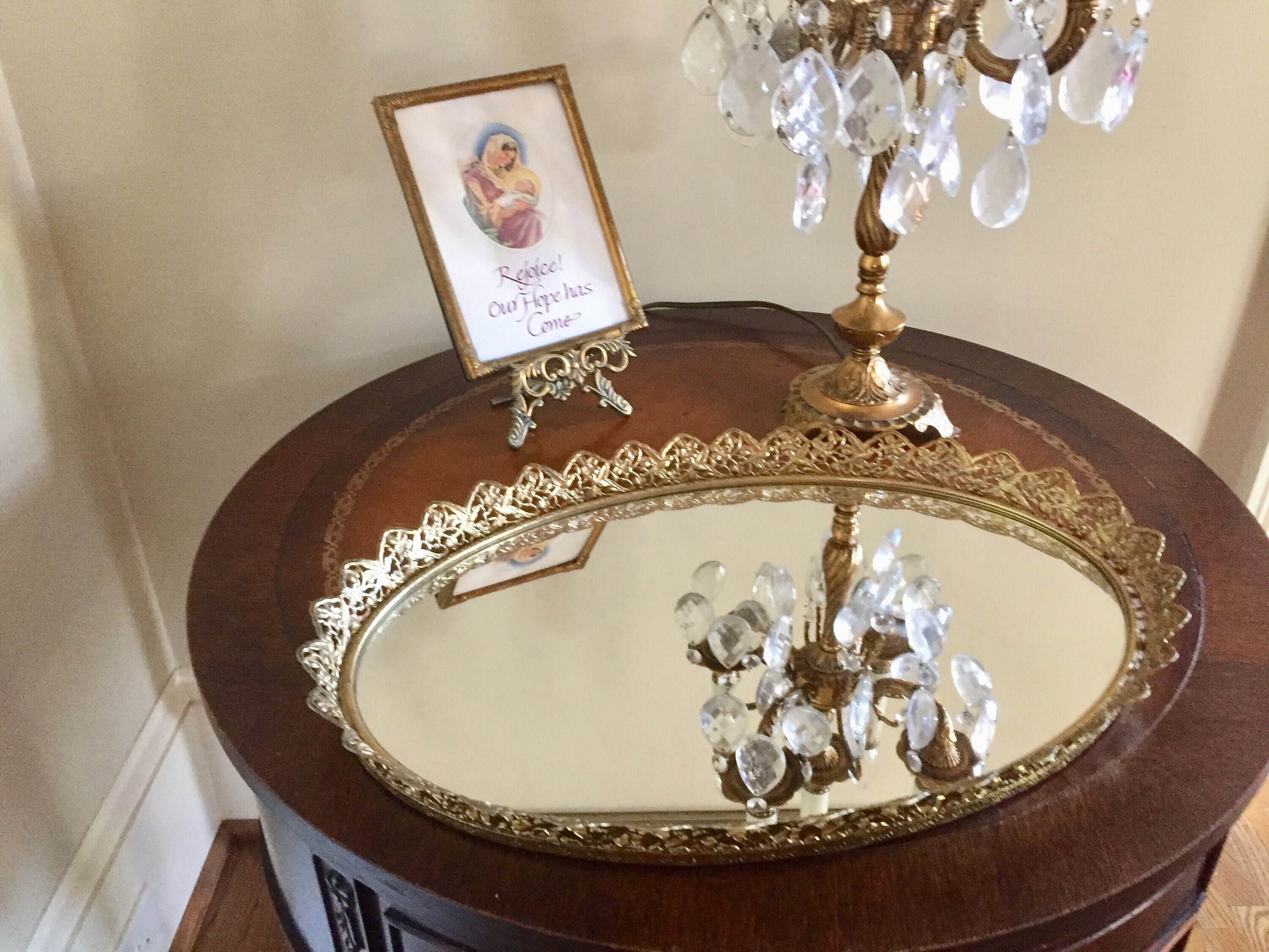 Oval Mirrored Vanity Tray Gold Metal Filigree Mirrored Perfume