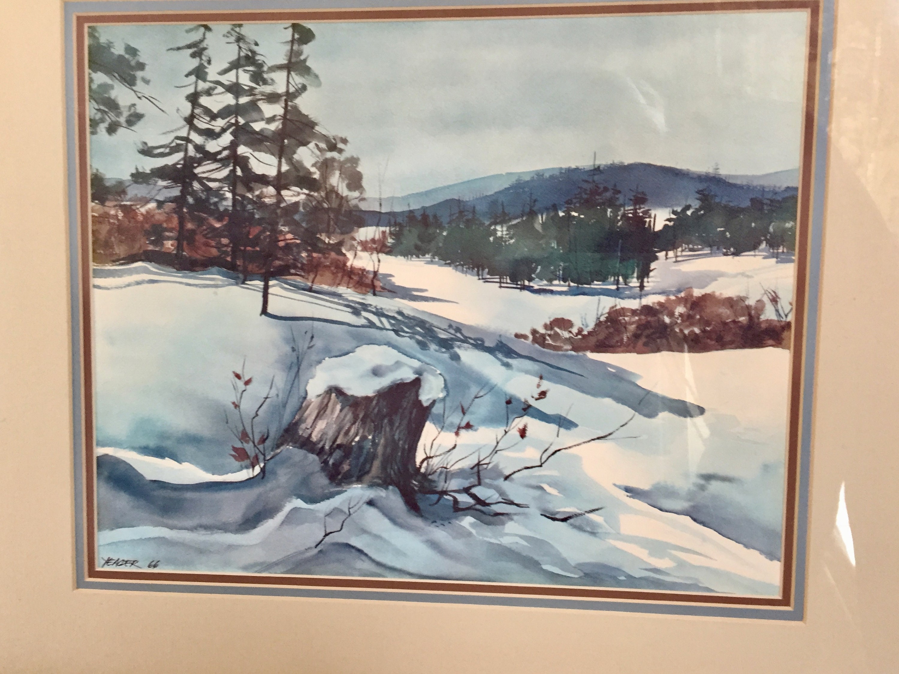 Vintage Watercolor Snow Scene Painting, Signed Yeager '66, Framed