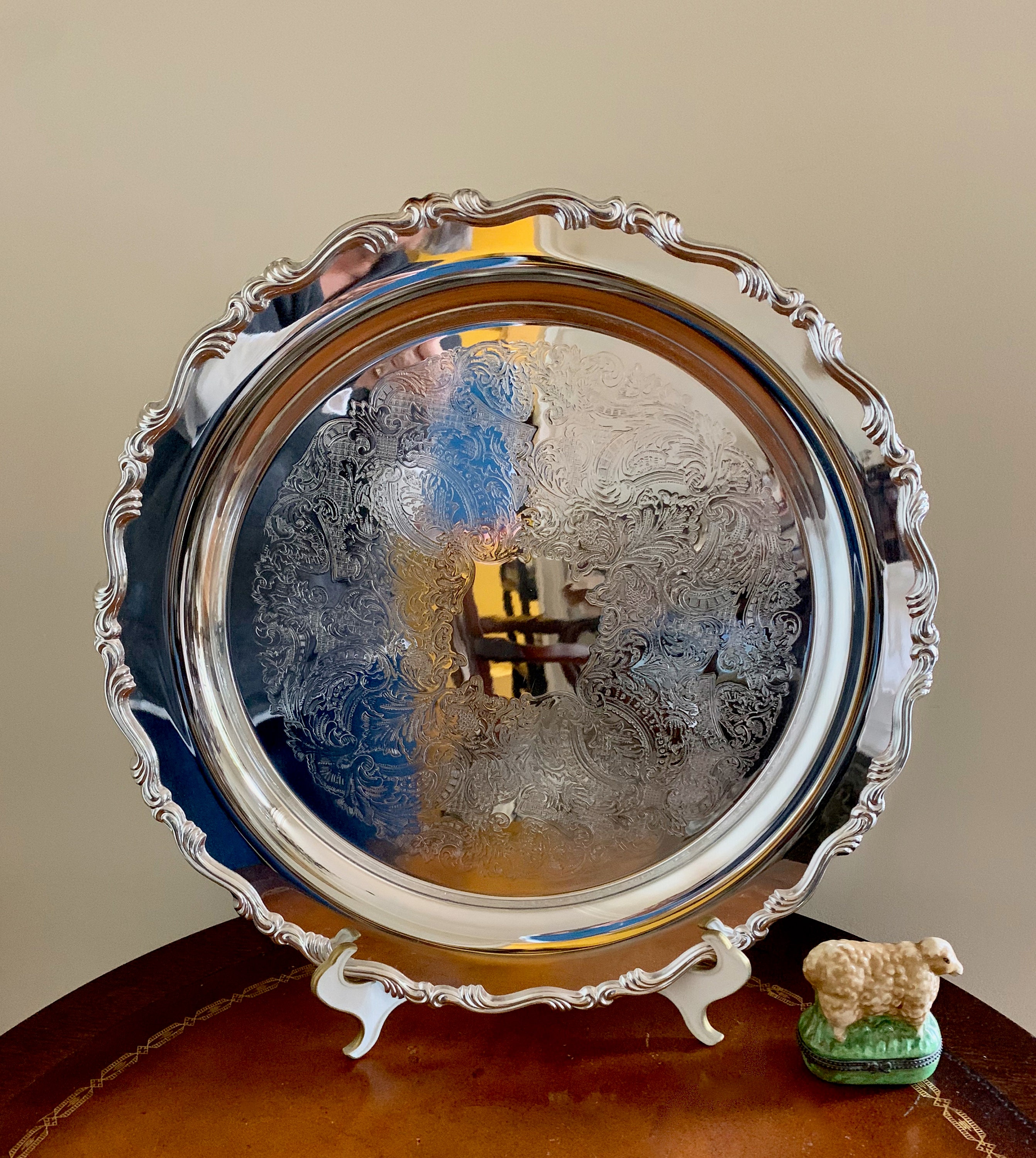 Round Silver Tray, Vintage 15 inch Silver Plate Tray, Barware Tray