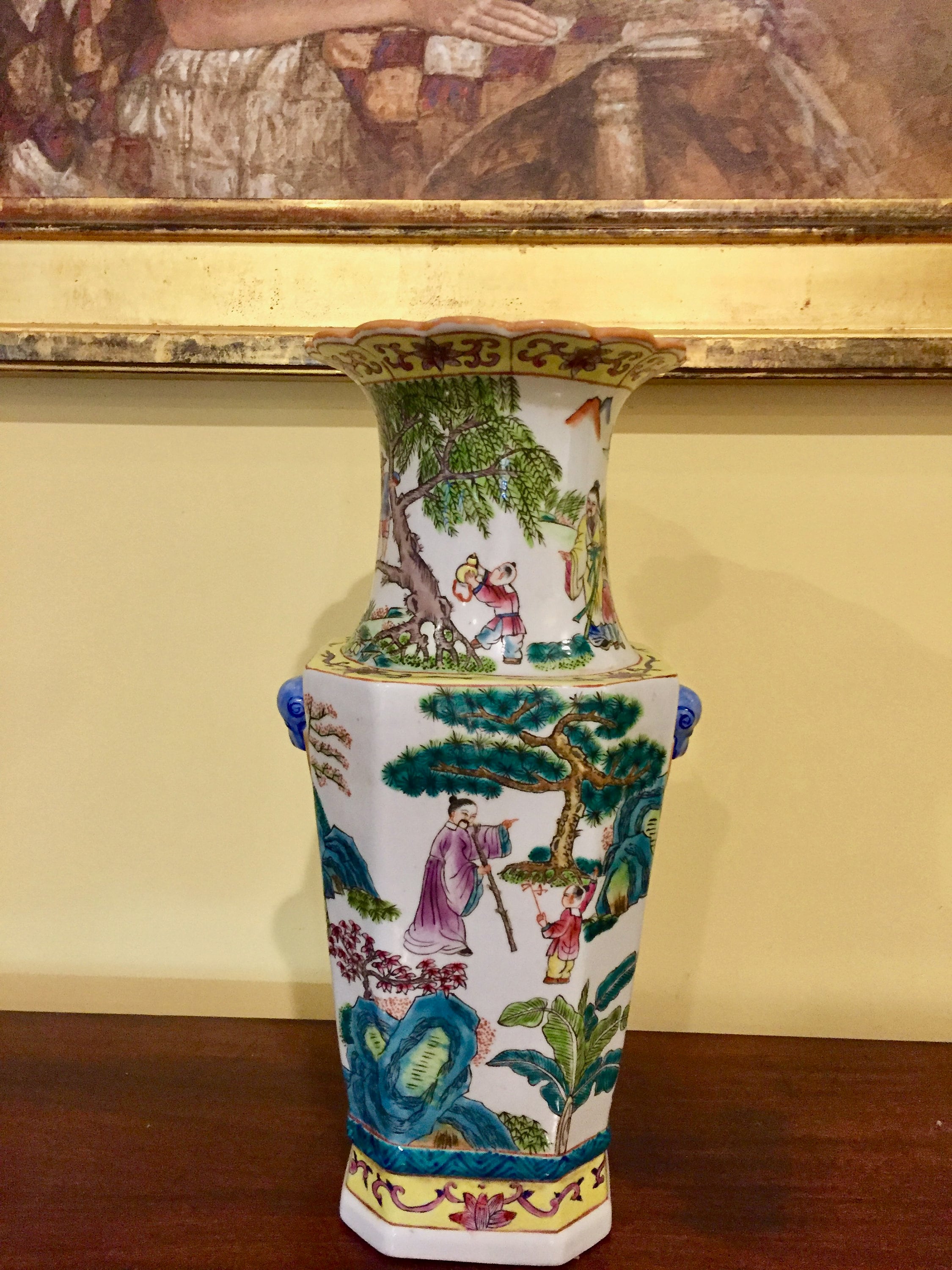 Large Asian Vase Chinese Vase 16 Inches Tall, Blue Green Yellow Colors