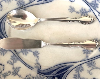 Silver Plate Sugar Spoon Butter Knife, Vintage Rogers Moonstone Silver Plate Sugar Spoon, Flat Handle Master Butter, Sold as Set