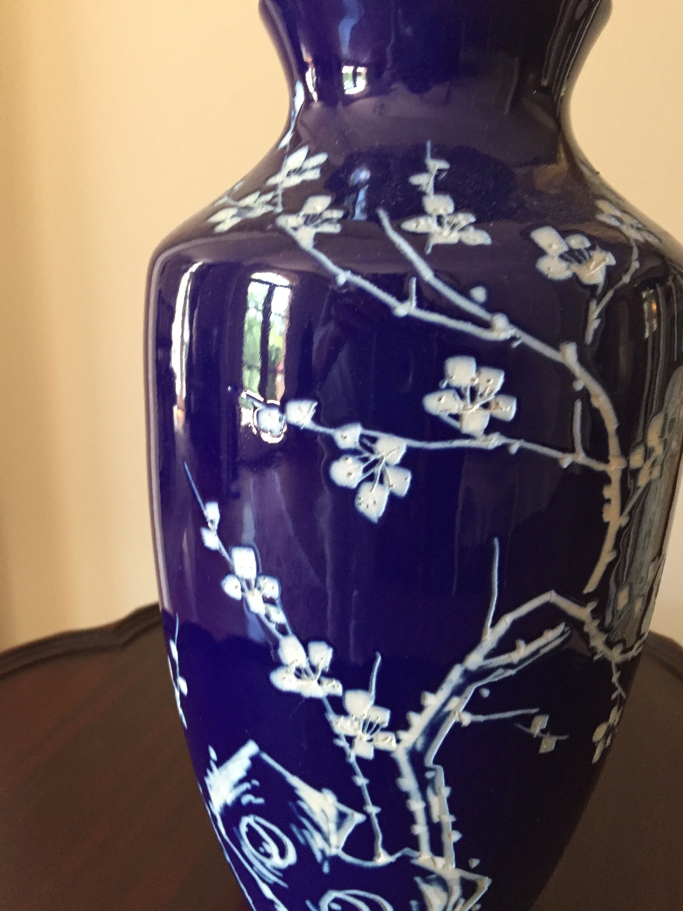 Asian Cobalt Blue Vase, Japanese Cherry Blossom Intaglio Design, Chinoiserie Blue White Vase