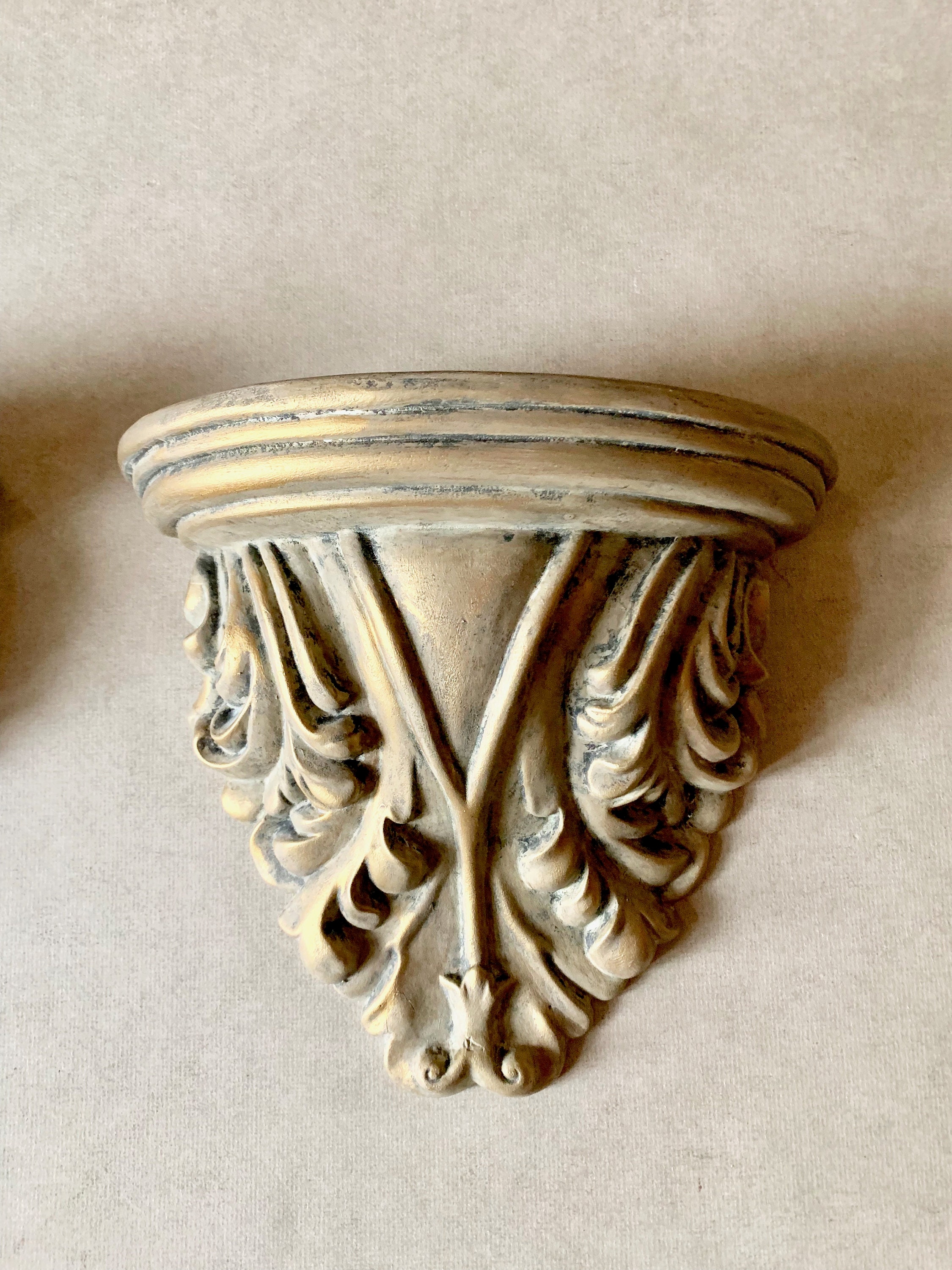 Pair Wall Shelf Sconces, Vintage Molded Plaster Shelves, Gray with