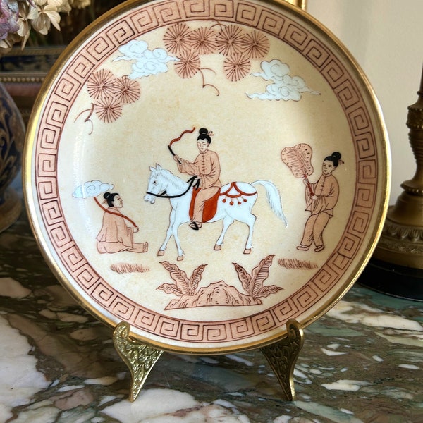 Satsuma Style Plate with Brass Base, Chinoiserie Decorative Plate, Asian Decorative Accent Bowl Cinnabar Red, Tan White, Shallow Bowl