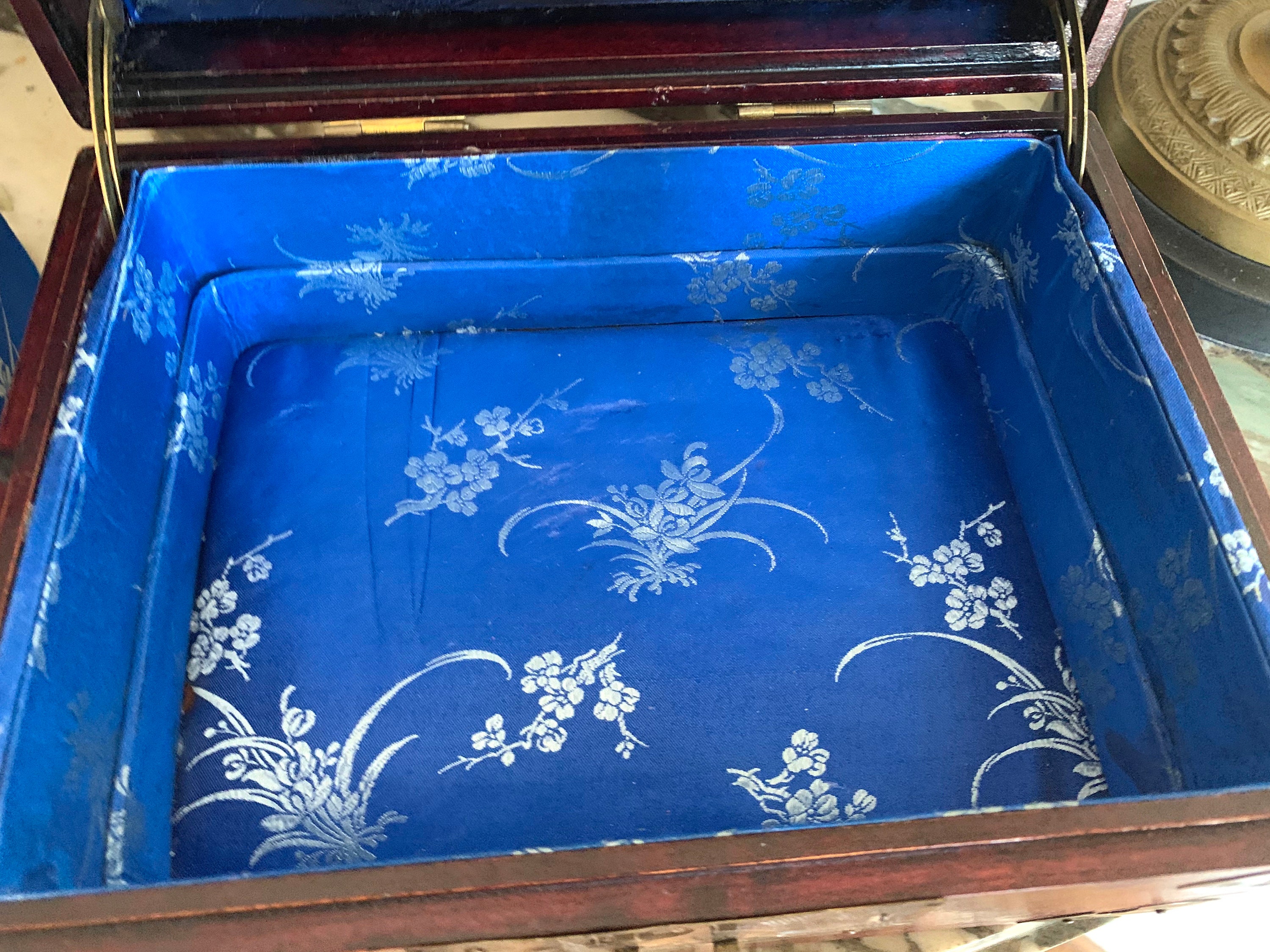 Vintage Chinese Rosewood Jewelry Box, Made in Shanghai China, Blue Silk