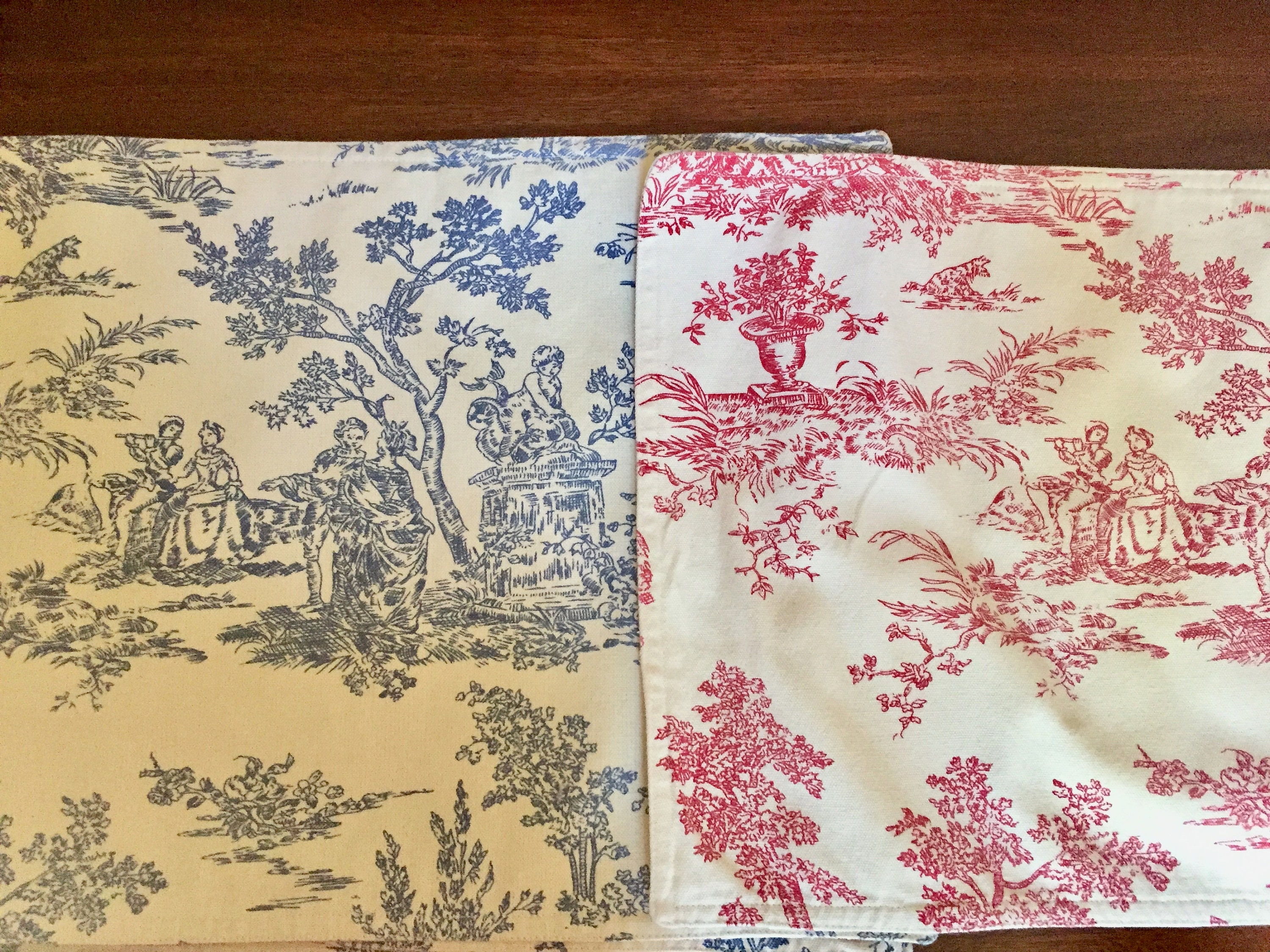 Set 4 Red White Reversible Blue White Toile Placemats, French Country