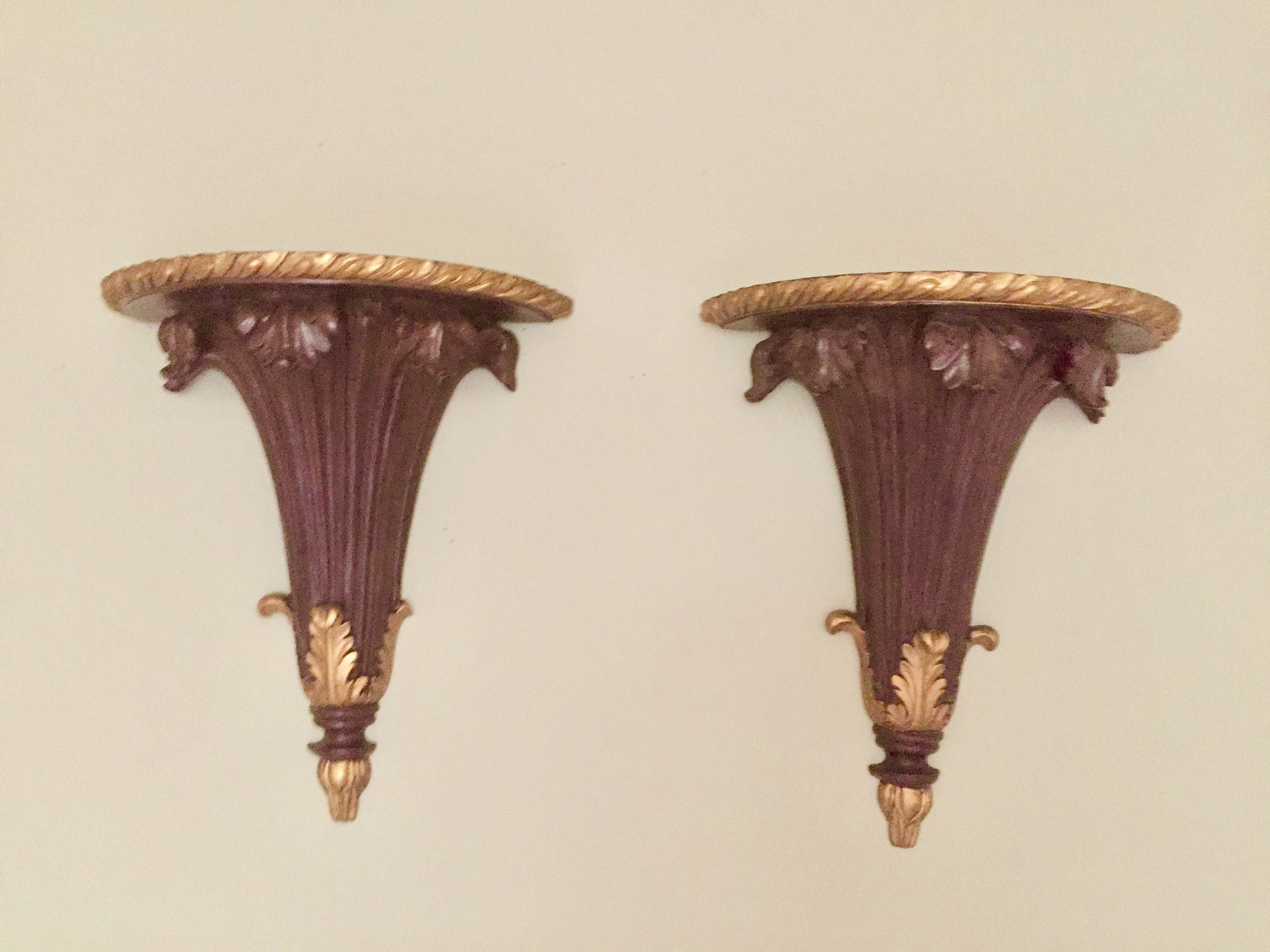 Pair Wall Sconce Shelves, Plaster French Style Shelves with Faux Wood