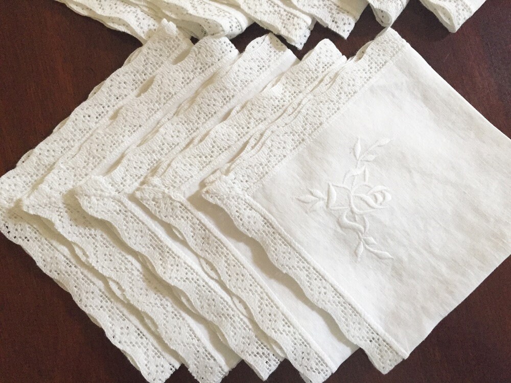 Linen Embroidered Napkins, Set of 11 Vintage White Linen Lace Trim