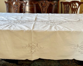 Ecru Taupe Tablecloth, Madeira Style Tablecloth, Ivory Cotton with Taupe Embroidery, 66 x 96 inch Wedding Bridal Table Linens