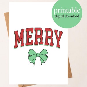 DESCARGA DIGITAL Tarjeta navideña con letras alegres de la universidad y un lazo verde. Linda tarjeta navideña con tipografía escrita a mano.