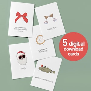 Paquete variado de 5 tarjetas navideñas: descargas digitales de 5 diseños de tarjetas navideñas adorables y divertidos para imprimir desde casa. Tarjetas de felicitación navideñas
