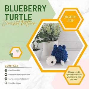 May include: A crochet pattern for a blueberry turtle. The pattern is available as a digital PDF download. The image shows a crocheted turtle in blue and white, sitting on a white surface.