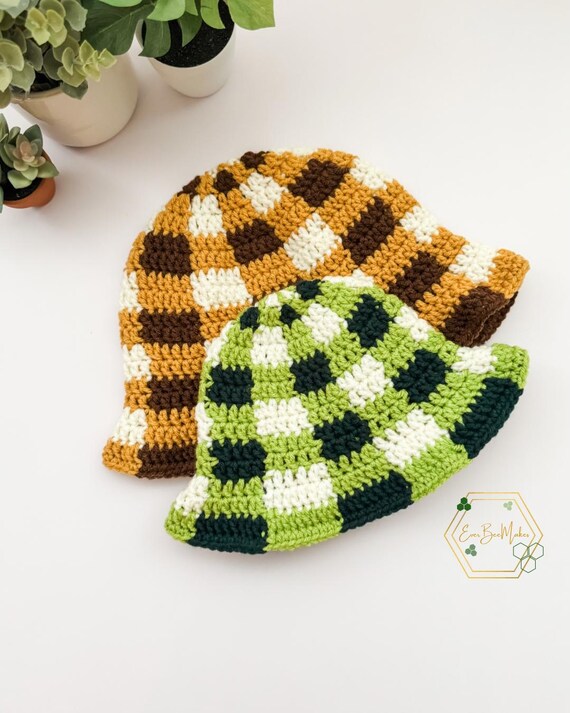 Green and Tan Patterned crochet  Bucket Hat Crochet Bucket Hat, Green Brown Tan Yellow Flower Granny  main image 2