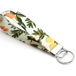 Citrus Floral Key Fob - Rifle Paper Co - 5 Inch Key Ring - Cute Wristlet - Short Lanyard Strap Keychain - Yellow, Mint - Mother's Day Gift