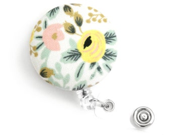 Yellow and Pink Rosa Floral Retractable Badge Reel - Swivel or Belt Clip - Wipeable Cute ID Holder - Fabric Button Reel - Rifle Paper Co