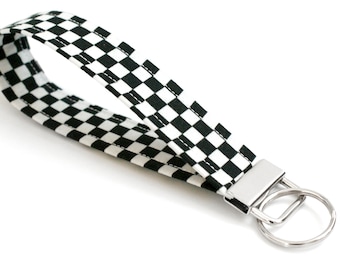 Checker Keychain - Fabric Wristlet - Black and White - 5 Inch Key Ring - Key Chain Fob - Cute Wristlet Loop - Short Lanyard Strap - Teen