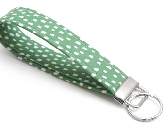 Green with White Dot Key Fob - 5 Inch Key Ring Wristlet - Tassel - Cute Key Strap - Short Wrist Lanyard - Modern Dots - Key Chain