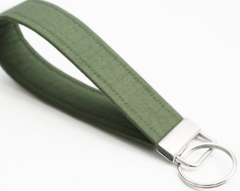 Olive Green Keychain Wristlet - Fabric Key Fob - 5 Inch Key Ring - Short Key Chain - 1 Inch Wide - Plain Lanyard Keychain - Men's Key Holder