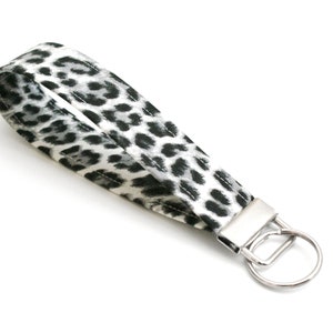Keychain for Women - Snow Leopard Print - Fabric Key Fob - 5 Inch Key Ring Wristlet - Cute Key Strap - Short Wrist Lanyard - Black, White
