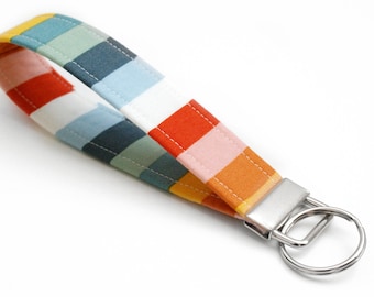 Striped Key Fob with Optional Tassel - 5 Inch Key Ring - Key Chain - Cute Wristlet - Short Lanyard Strap - Keychain - Rainbow Fabric