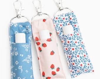 Cute Lip Balm Holder -Blue Floral, Strawberries on Pink, Star Floral - Chapstick Keychain - Two Sizes - Teen Girl Gift - Chapstick Carrier
