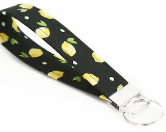 Lemons on Black - Key Fob with Optional Tassel - 5 Inch Key Ring - Key Chain - Cute Wristlet - Short Lanyard Strap - Keychain - Small