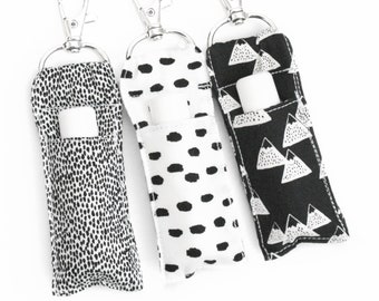 Fabric Lip Balm Holder - Black and White Dots, Mountains - Chapstick Keychain - Two Sizes - Teen Girl Birthday Gift - Pouch, Carrier