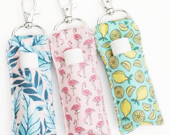 Tropical Fabric Lip Balm Holder - Leaves, Flamingo, Lemons - Chapstick Keychain - Two Sizes - Teen Girl Birthday Gift - Pouch, Carrier