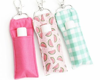 Lip Balm Keychain - Hot Pink, Watermelon, Aqua Gingham - Fabric Chapstick Holder - Two Sizes - Teen Girl Gift for Her - Cute Lip Balm Pouch