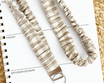 Scrunchie Lanyard in Brown Gingham Plaid: Stretchy ID Badge Strap for Teachers - Optional Breakaway - 16, 18, 20 Inch Length - Tan
