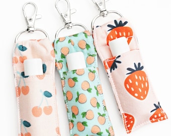 Cute Lip Balm Holder - Cherries, Peaches, Strawberries - Chapstick Keychain - Two Sizes - Teen Girl Gift - Chapstick Carrier - Fruit Prints
