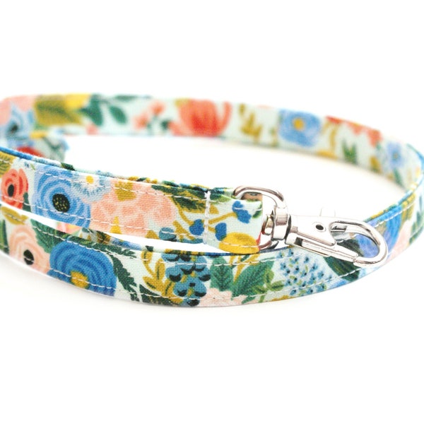 Cute Skinny Lanyard - Bright Floral on Blue - Rifle Paper Co Fabric - Long Key Lanyard - 15.5-19.5 Inch Long ID Strap - Teacher - 1/2 Inch