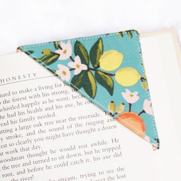 Rifle Paper Co. Corner Fabric Bookmark - Citrus and Floral on Teal - Cute Square Book mark - Teacher, Librarian, Reader, Booklover Gift