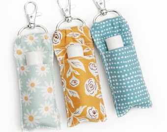 Lip Balm Holder - Sage Daisies, Mustard Floral, Teal Blue Dot - Cute Chapstick Keychain Pouch in Two Sizes - Teen Girl or Women Gift Idea