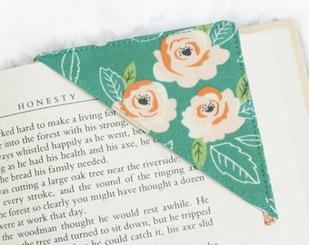 Fabric Corner Bookmark - Coral Floral on Teal - 3.25 Inch Cute Handmade Square Book mark - Teacher, Librarian, Reader, Mother's Day Gift