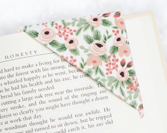 Corner Bookmark - Rifle Paper Co. Blush Floral - Cute Square Fabric Book mark - Teacher, Librarian, Reader, Booklover Gift - Place Marker