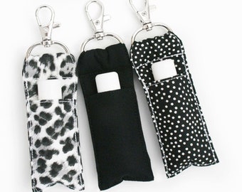 Fabric Lip Balm Holder - Snow Leopard Print, Black, Polka Dots - Cute Chapstick Keychain - Two Sizes - Teen Girl Keychain - Gift for Her