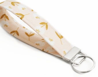 Peachy Boho Floral Key Fob - 5 Inch Key Ring - Key Chain - Cute Wristlet Loop - Short Lanyard Strap - Girly Keychain - Mustard Floral