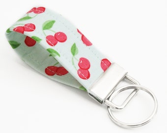 Cute Mini Key Fob - Cherries on Light Blue - 2.5 or 3.5 Inch Key Ring - Short Key Chain - Finger Keychain Strap - Cherry Keyring - Summer