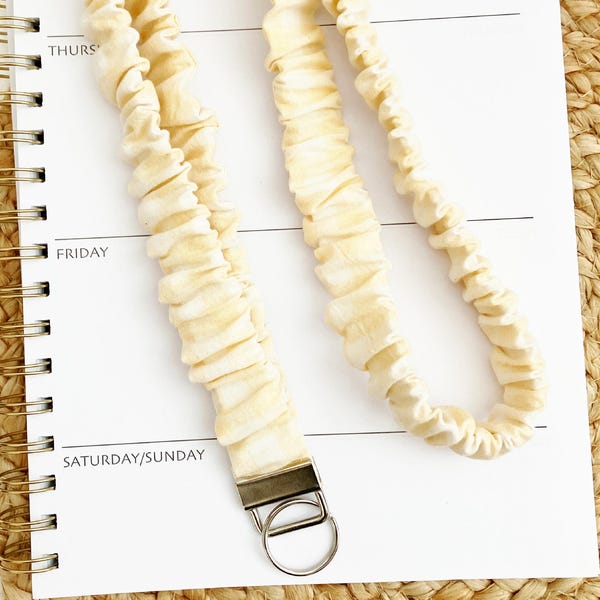 Plaid Scrunchie Lanyard in Butter Yellow: Stretchy ID Badge Strap for Teachers - Optional Breakaway - 16, 18, 20 Inch Length