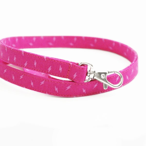 Bright Pink Fabric Lanyard - Lightning Bolts - 1/2 Inch Wide - 15.5-19.5 In. Cute Key ID Strap - Teacher Skinny Lanyard - Optional Breakaway