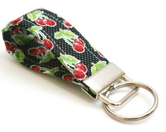 Red Cherries on Black - Mini Key Fob with Optional Tassel - 2.5 or 3.5 Inch Key Ring - Short Key Chain - Finger Keychain Strap - Small