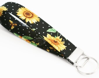 Fabric Key Fob - Sunflowers on Black - 5 Inch Key Ring - Key Chain - Cute Wristlet Loop - Mother's Day Gift Idea - Girly Keychain