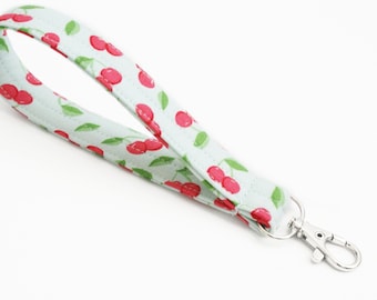 Key Wristlet Fob - Cherries - 3/4 Inch Fabric Wrist Keychain - Key Holder Strap - Cute Wrist Lanyard - Clasp or Key Ring - 5, 6, 7 Inch Loop