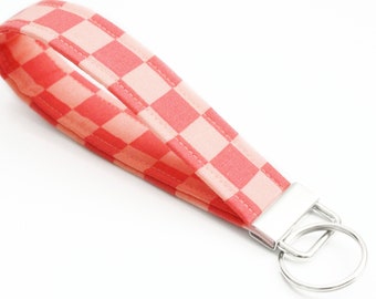 Pink Checker Keychain - Fabric Wristlet Fob - Coral - 5 Inch Key Ring - Cute Checkered Wristlet Loop - Short Lanyard Strap - Teen Girl Gift