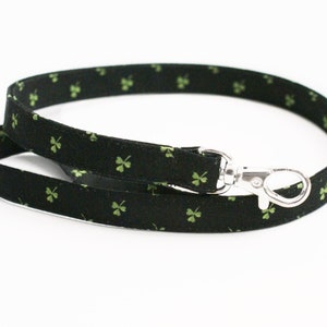 St. Patrick&#39;s Day Lanyard - Green Clovers on Black - Long Fabric Key Lanyard - Cute Skinny ID Badge Strap for Teachers - 15.5-19.5 Inch