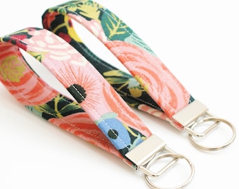 Rifle Paper Co Key Fob - 5 Inch Key Ring - Key Chain - Cute Wristlet - Short Lanyard Strap - Keychain - Pink Floral on Navy Blue - Tassel