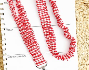 Scrunchie Lanyard - Red Gingham with Optional Breakaway - Long Stretchy Teacher Lanyard - 16, 18, 20 Inch Lengths - 1 inch wide
