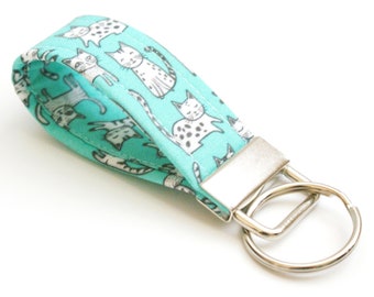 Cute Cats on Aqua - Mini Key Fob with Optional Tassel - 2.5 or 3.5 Inch Key Ring - Short Key Chain - Finger Keychain Strap - Cat Lover Gift